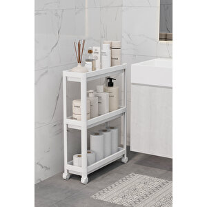 Slim Beyaz Tekerlekli Dikdörtgen 3 Katlı Raf Ünitesi - Banyo Mutfak Düzenleyici Organizer Raf Modern
