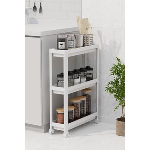 Slim Beyaz Tekerlekli Dikdörtgen 3 Katlı Raf Ünitesi - Banyo Mutfak Düzenleyici Organizer Raf Modern