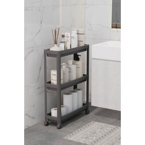 Siyah Tekerlekli Slim Dikdörtgen 3 Katlı Raf Ünitesi - Banyo Mutfak Düzenleyici Organizer