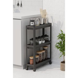 Siyah Tekerlekli Slim Dikdörtgen 3 Katlı Raf Ünitesi - Banyo Mutfak Düzenleyici Organizer