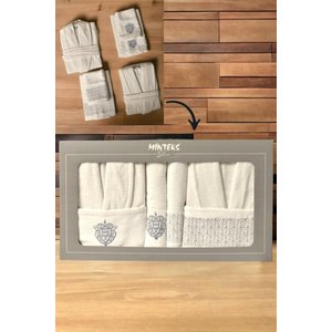 Minteks Silver Krem-krem 6 Parça Havlulu Bornoz Seti - Aile Banyo Havlu Bornoz Seti