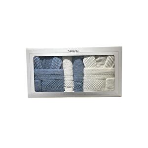 Minteks Viyana Mavi - Beyaz 8 Parça Havlulu Bornoz Seti - Aile Banyo Havlu Bornoz Aile Seti