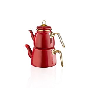 Ramazana Özel Sahur Seti 30 Cm Çift Bölmeli Tava + Kırmızı Emaye Çaydanlık Takımı İftar Set