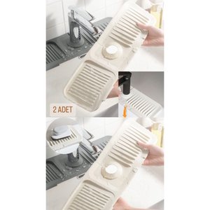 Krem 2 Adet Elastik Musluk Matı Su Tutucu Düzenleyici Kaydırmaz Taban Organizer Mutfak Banyo Lavabo
