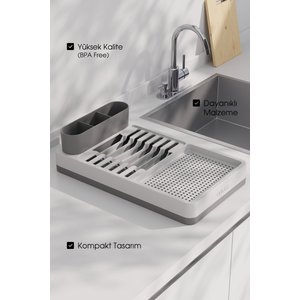 Aqua Gri Bulaşıklık & Tezgah Üstü Kurutmalık Tabaklık – Çok Bölmeli Modern Mutfak Düzenleyici
