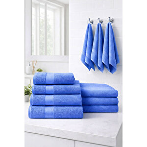 8 Parça %100 Pamuklu Aile Havlu Seti - 4 Adet 70x140 Cm & 4 Adet 50x90 Cm Deeper Mavi