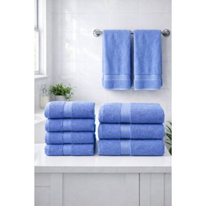 8 Parça %100 Pamuklu Aile Havlu Seti - 4 Adet 70x140 Cm & 4 Adet 50x90 Cm Deeper Mavi