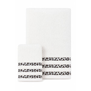 2 Parça Banyo Havlu Seti Leopar Deluxe (70x140 Cm+50x90 Cm) Beyaz