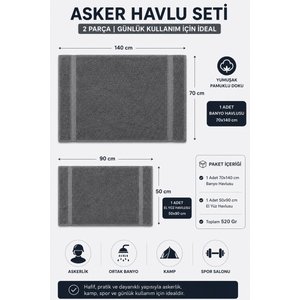 2 Parça Asker Banyo Havlu Seti 70x140 + 50x90 Cm Atlas Antrasit