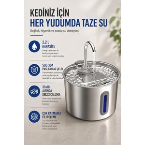 Coverzone 2,2 L Sus 304 Paslanmaz Ent Çelik Kedi Akan Su Pınarı Sebili Orm-502