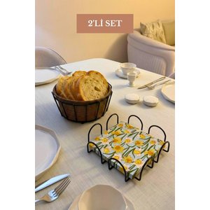 2’li Set Siyah Kare Peçetelik Oval Köşeli Ekmek Sepeti Bej Mutfak Seti