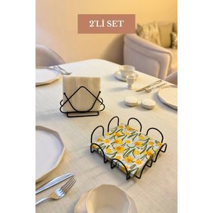 2’li Set Siyah Kare Peçetelik Üçgen Peçetelik Mutfak Seti