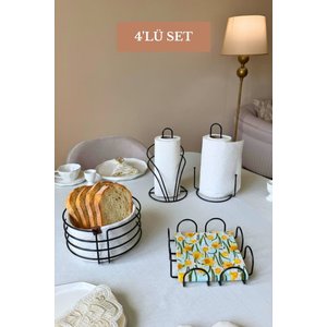 Edora Home 4'lü Set Siyah Kuğu Peçetelik, Dik Kağıt Havluluk Misketli, Kare Peçetelik, Yuvarlak Ekmek Sepeti Mutfak Seti