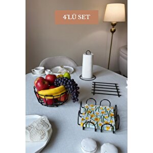 4’lü Set Siyah Kare Peçetelik Dik Kağıt Havluluk Nihale Oval Köşeli Meyve Sepeti Mutfak Seti