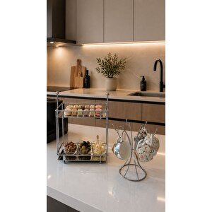 Edora Home 2'li Set Parlak Silver İki Katlı İkramlık, 6 Kancalı Fincan Askılığı Mutfak Seti