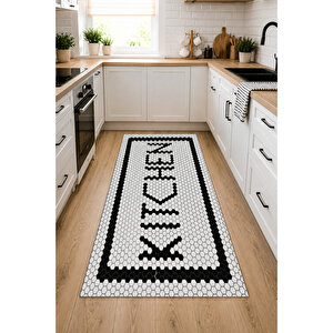 Kitchen Yazılı Siyah Beyaz Petek Desenli Dijital Baskı Kaymaz Taban Yıkanabilir Mutfak Halısı Ve Yolluk 80x250 cm