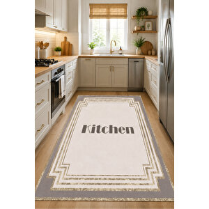 Kitchen Yazılı Bej Dijital Baskı Kaymaz Taban Yıkanabilir Mutfak Halısı Ve Yolluk 80x250 cm