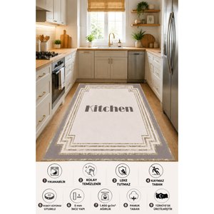 Kitchen Yazılı Bej Dijital Baskı Kaymaz Taban Yıkanabilir Mutfak Halısı Ve Yolluk 80x250 cm