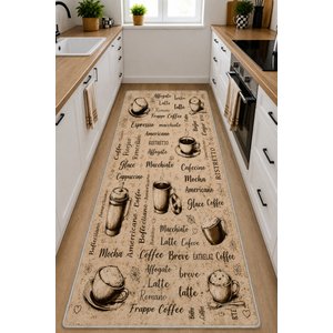 Coffee House Kahve Temalı Dijital Baskı Kaymaz Taban Yıkanabilir Mutfak Halısı Ve Yolluk 80x150 cm