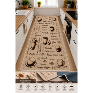 Coffee House Kahve Temalı Dijital Baskı Kaymaz Taban Yıkanabilir Mutfak Halısı Ve Yolluk 80x150 cm