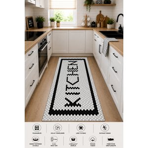 Kitchen Yazılı Siyah Beyaz Petek Desenli Dijital Baskı Kaymaz Taban Yıkanabilir Mutfak Halısı Ve Yolluk Beyaz