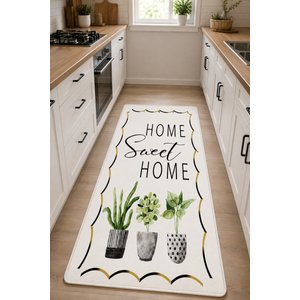 Sweet Home Beyaz Dijital Baskı Kaymaz Taban Yıkanabilir Mutfak Halısı Ve Yolluk 80x250 cm