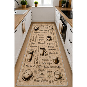 Coffee House Kahve Temalı Dijital Baskı Kaymaz Taban Yıkanabilir Mutfak Halısı Ve Yolluk 80x250 cm