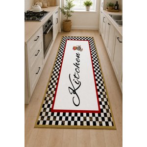 Siyah Beyaz Kitchen Mutfak Halısı Dijital Baskı Kaymaz Taban Yıkanabilir Halı 80x150 cm