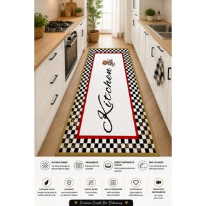 Siyah Beyaz Kitchen Mutfak Halısı Dijital Baskı Kaymaz Taban Yıkanabilir Halı 80x150 cm