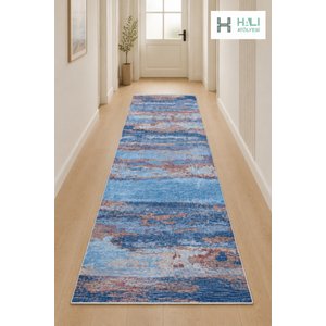 Makinede Yıkanabilir Kaymaz Taban Mavi Yolluk Koridor Halısı Hol Antre Halısı 100x150 cm