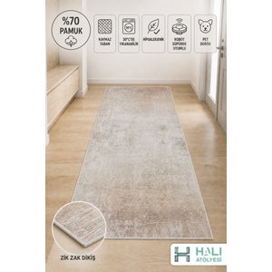 Makinede Yıkanabilir Kaymaz Taban Bej Yolluk Koridor Halısı Hol Antre Halısı 100x200 cm