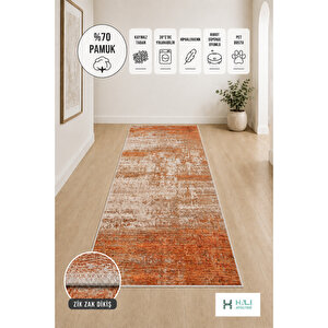 Makinede Yıkanabilir Kaymaz Taban Turuncu Yolluk Koridor Halısı Hol Antre Halısı 100x200 cm