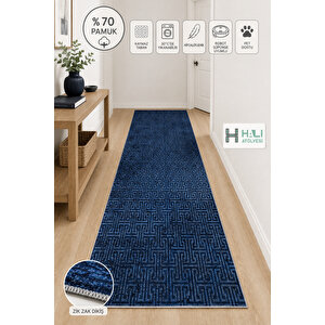 Makinede Yıkanabilir Kaymaz Taban Lacivert Yolluk Koridor Halısı Hol Antre Halısı 100x400 cm
