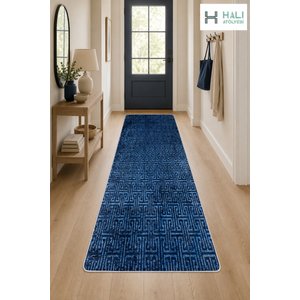 Makinede Yıkanabilir Kaymaz Taban Lacivert Yolluk Koridor Halısı Hol Antre Halısı 100x400 cm