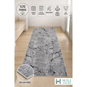 Makinede Yıkanabilir Kaymaz Taban Gri Siyah Desenli Yolluk Koridor Halısı Hol Antre Halısı 100x200 cm