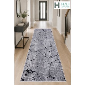 Makinede Yıkanabilir Kaymaz Taban Gri Siyah Desenli Yolluk Koridor Halısı Hol Antre Halısı 100x200 cm