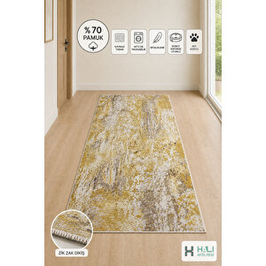 Makinede Yıkanabilir Kaymaz Taban Sarı Gri Desen Yolluk Koridor Halısı Hol Antre Halısı 100x200 cm