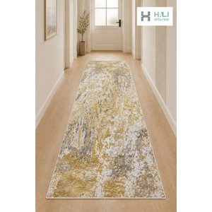 Makinede Yıkanabilir Kaymaz Taban Sarı Gri Desen Yolluk Koridor Halısı Hol Antre Halısı 100x200 cm