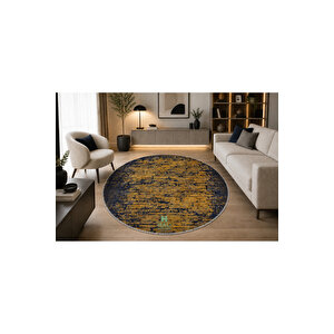 Lacivert Hardal Eskitme Desenli Yuvarlak Kaymaz Taban Yıkanabilir Antre Ve Salon Halısı 160x160 cm