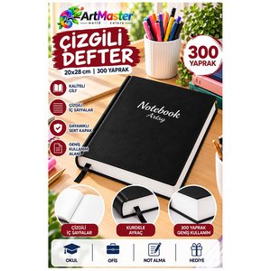 Siyah Ciltli Çizgili Defter 300 Yaprak 20x28cm 1 Adet Çok Yapraklı Sert Kapaklı Not Hesap Defteri Okul Ofis Büro