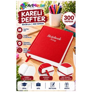 Kırmızı Ciltli Kareli Defter 300 Yaprak 20x28cm 1 Adet Çok Yapraklı Sert Kapaklı Not Hesap Defteri Okul Ofis Büro