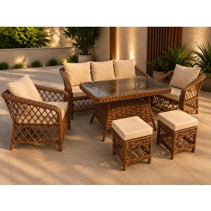 Safir Kahverengi̇  3+1+1 Camli Masa +2puf Balkon Bahçe Oturma Grubu
