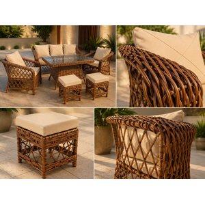Safir Kahverengi̇  3+1+1 Camli Masa +2puf Balkon Bahçe Oturma Grubu