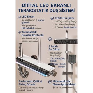 Akıllı Led Ekranlı Termostatik Duş Sistemi – 5 Fonksiyonlu Premium Tasarım - Robot Işikli Beyaz