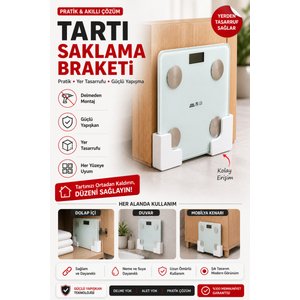 Yapışkanlı Tartı Saklama Braketi 2'li Set | Tartı Düzenleyici Duvar Ve Dolap İçi Askısı Çok Amaçlı Yerden Tasarruf Sağlayan Plastik Tutucu Delmeden Montaj Baskül Düzenleyici