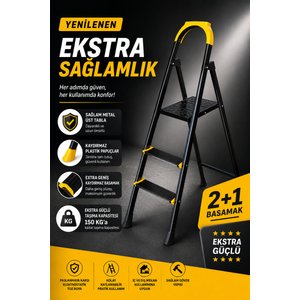 Ze Hardy 2+1 Basamaklı Özel Tasarım Hafif Merdiven (kaymaz Papuçlu) Dayanıklı Paslanmaz