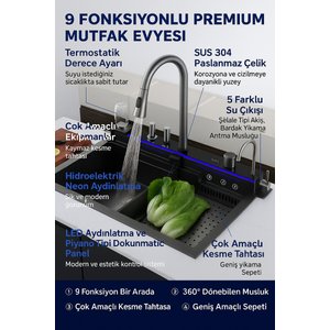 Premium Mutfak Evyesi–sus304 Paslanmaz Çelik, Led Işıklı, Çok Amaçlı Yıkama+doğrama Seti 9 Fonks.