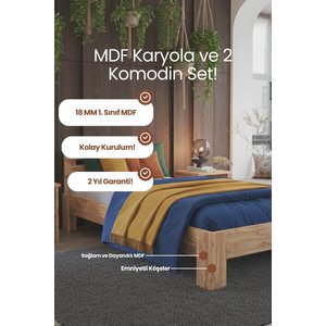 Letto   Tek Kişilik Mdf Karyola Ve 2 Komodinli Set 90x190 cm