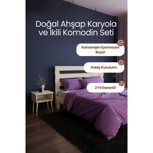 Urban New Model Masif Ahşap Karyola Ve 2 Adet Komodin Kolay Kurulum Fırınlanmış İthal Sibirya Çamı 100x200 Yatak Uyumlu 2 Adet Komodin 100x200 cm