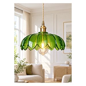 Bella Cam Classic Orijinal El Yapımı Yeşil Camlı Sarkıt Avize Eskitme Gold Gövde Eskitme Altın